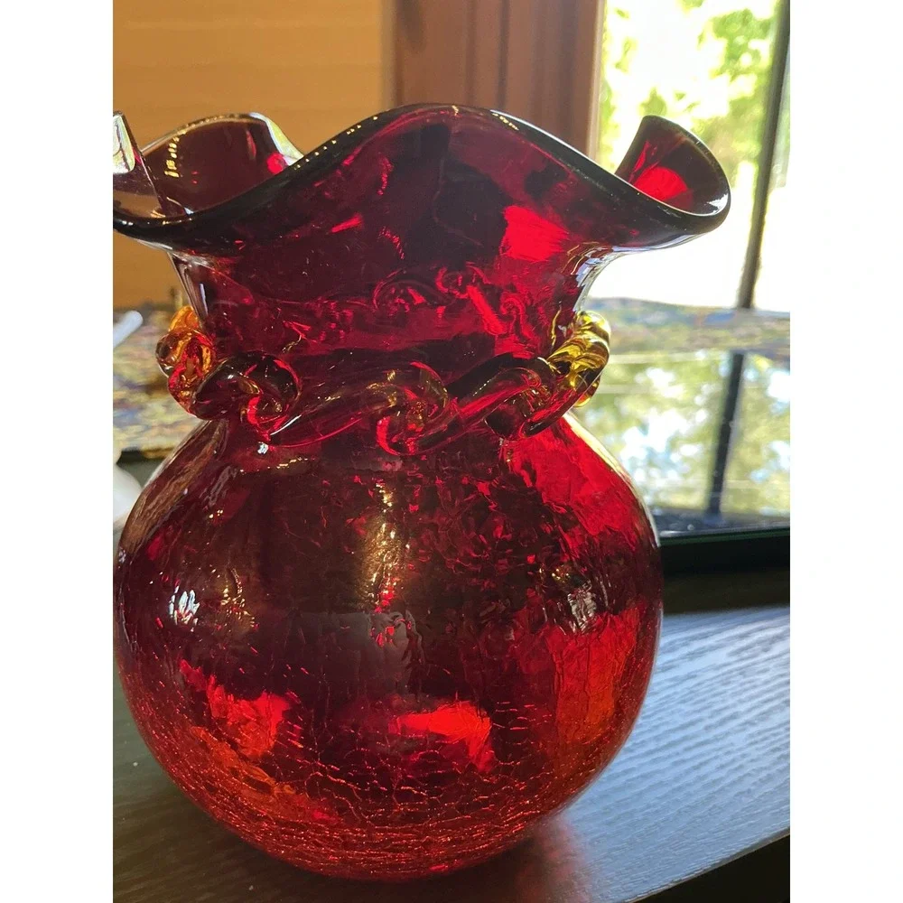 Vintage MCM Amberina Red Crackle Glass 6